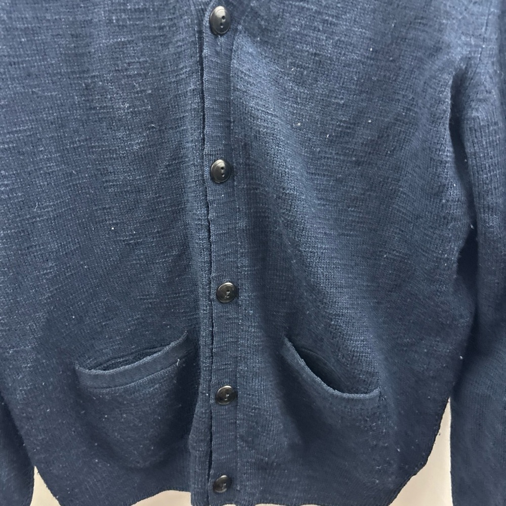 J Crew Sweater Mens L Blue Grandpa Cardigan 100% Merino Wool Elbow Patch Slim - Picture 3 of 9